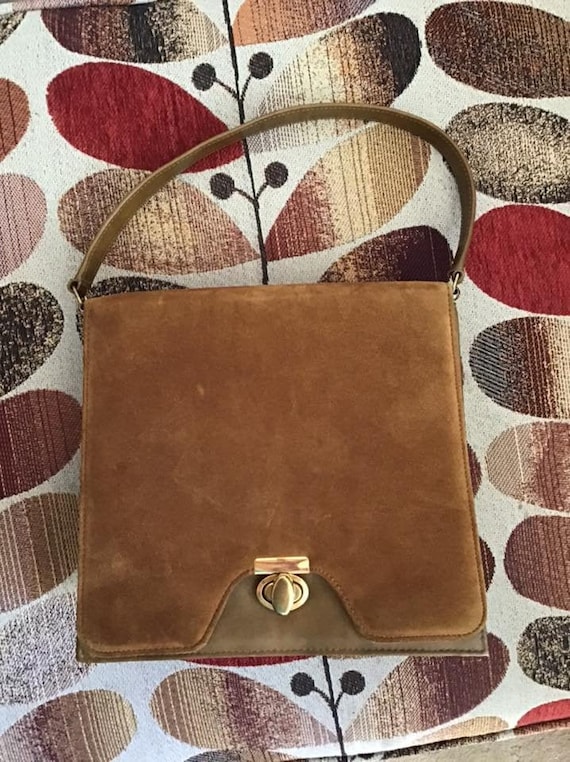 Vintage 1960's 1970's Handbag Brown Genuine Suede… - image 1