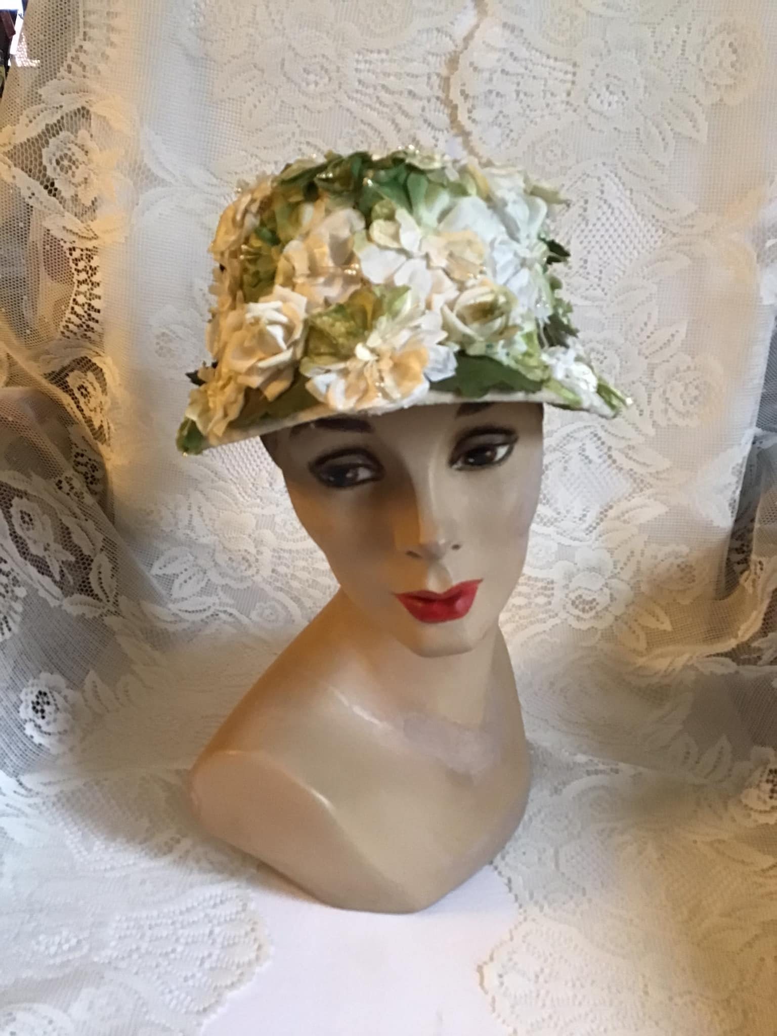 Vintage Floral Lined Olive Green Bucket 1960 Hat Vintage Beige & Peach Floral Hat with Green Leaves and brown  main image 3