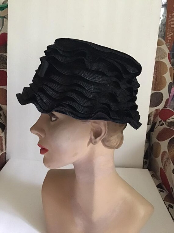 Vintage 1950's Hat Slight Bucket Style Dark Black… - image 8