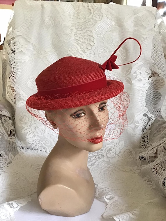Vintage 1950's Hat Red Straw Hat With A Curlique A