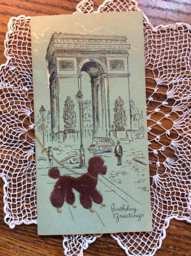 Vintage 1950s Card Happy Birthday Greeting French Poodle Collectible French Paris Ephemera Scrap Booking De-Stash Deadstock NOS Never Used