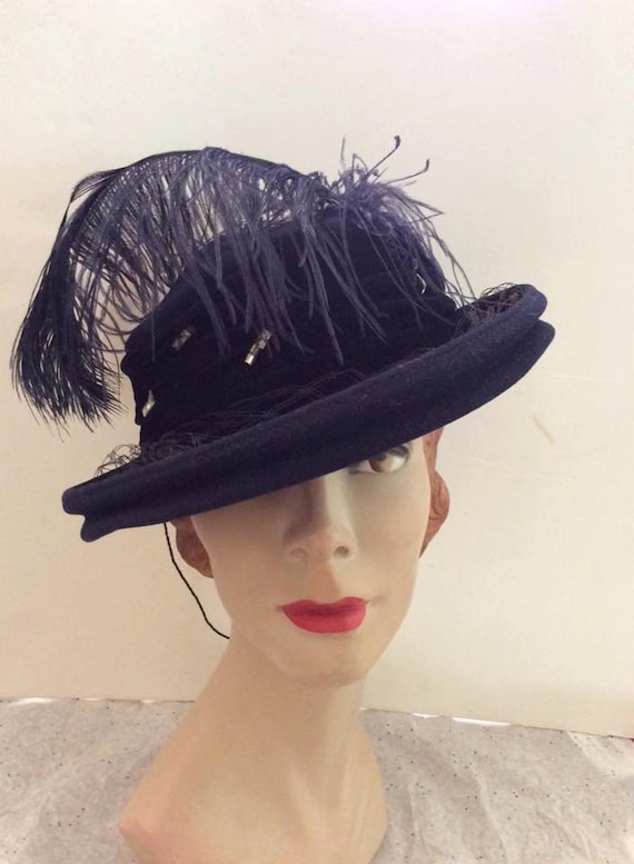 Vintage 1930s 1940s Hat Blue Hat Ostrich Plume Rh… - image 2