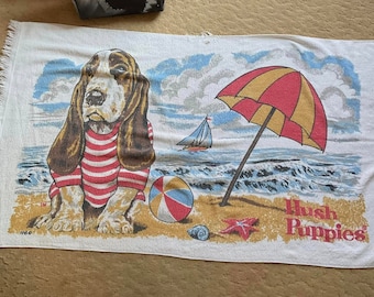 Vintage 1970's Towel Beach Towel *Hush Puppies* Dog At The Beach Has Condition Issues SOLD AS IS!!