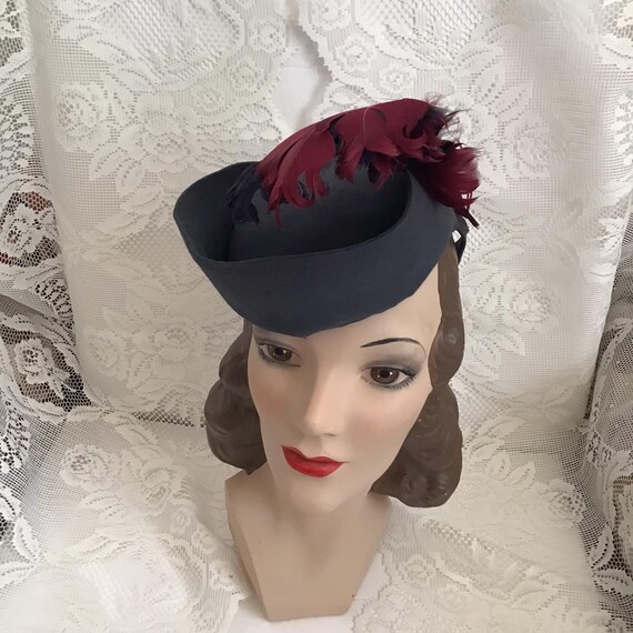 Vintage 1940's Hat Steele Blue Gray Felt Art Deco… - image 9