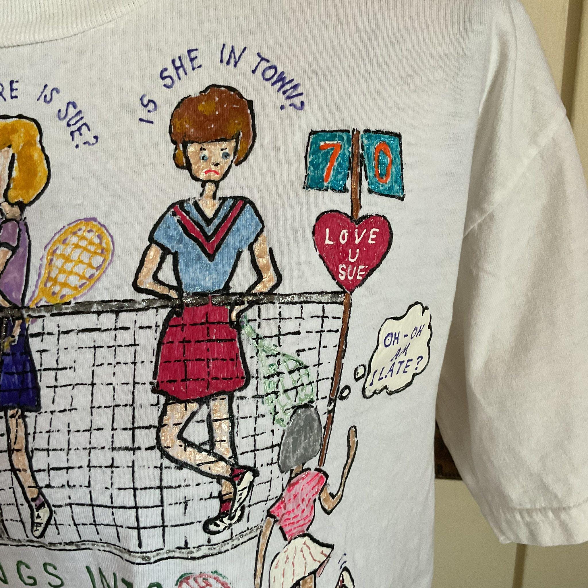 1980年代、1990年代のヴィンテージTシャツ、トップ、手描き、テニスを 