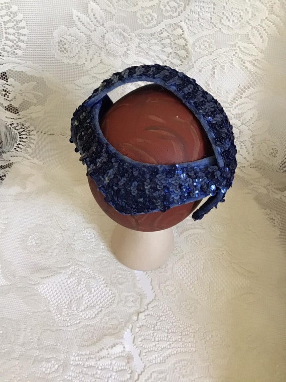 Vintage 1950's Hat Blue Sequins And Velvet No Mak… - image 3