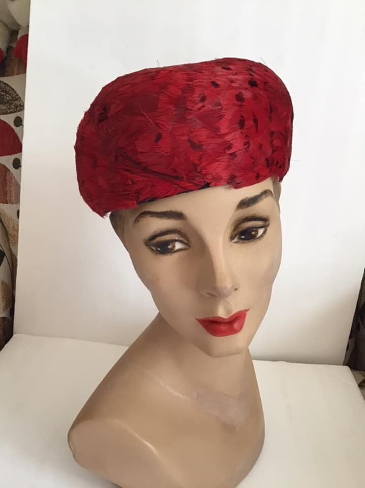 Vintage 1960's Hat Red Feathers With 