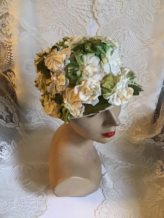 Vintage 1960's Hat Off White & Green Floral Bucket