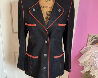 Vintage 1970's 1980's Jacket Tailored Dark Black Linen Rust Red Leather *Lutz Teutloff* W. Germany Small/Petite Size