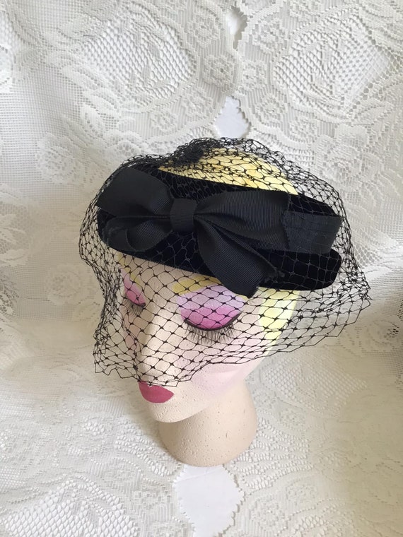 Vintage 1960's Hat Pillbox Open Crown Black Velvet