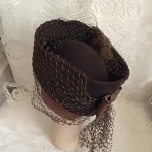 Vintage 1940's Hat RARE Tall Tilt Hat Dark Brown With Genuine Rabbit Fur Thick Veiling Art Deco image 7