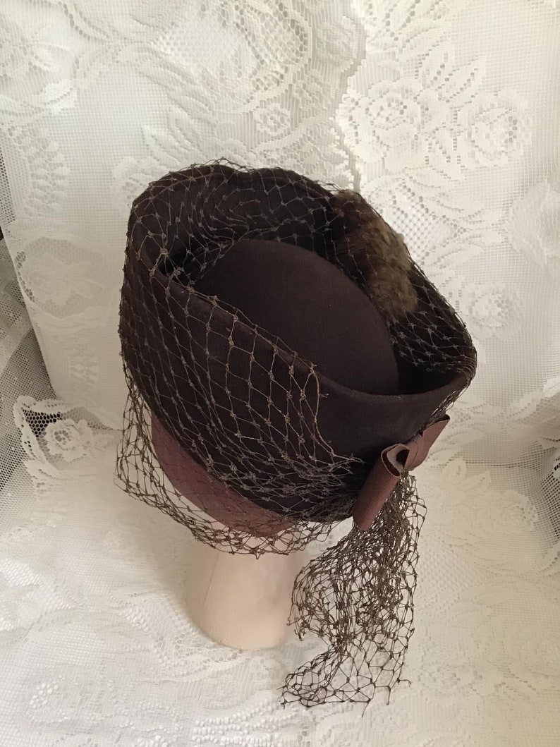 Vintage 1940's Hat RARE Tall Tilt Hat Dark Brown With Genuine Rabbit Fur Thick Veiling Art Deco image 7