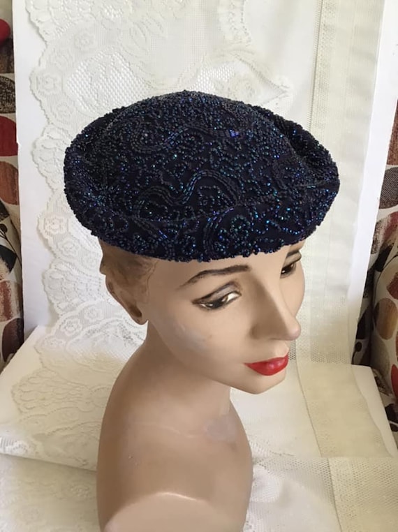 Vintage 1950's Hat Dark Blue Hat Covered In Carniv