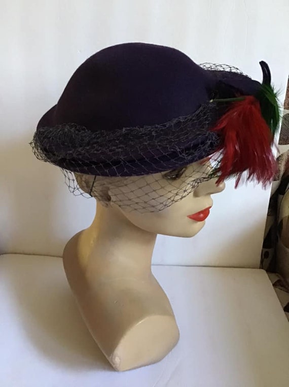 Vintage 1940's 1950's Hat Deep Rich Purple Wool W… - image 5
