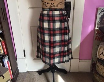 Vintage 1960's 1970's Skirt Wool Plaid Buckles On Left Side Red/Green/Blue/Gold Petite Small Size