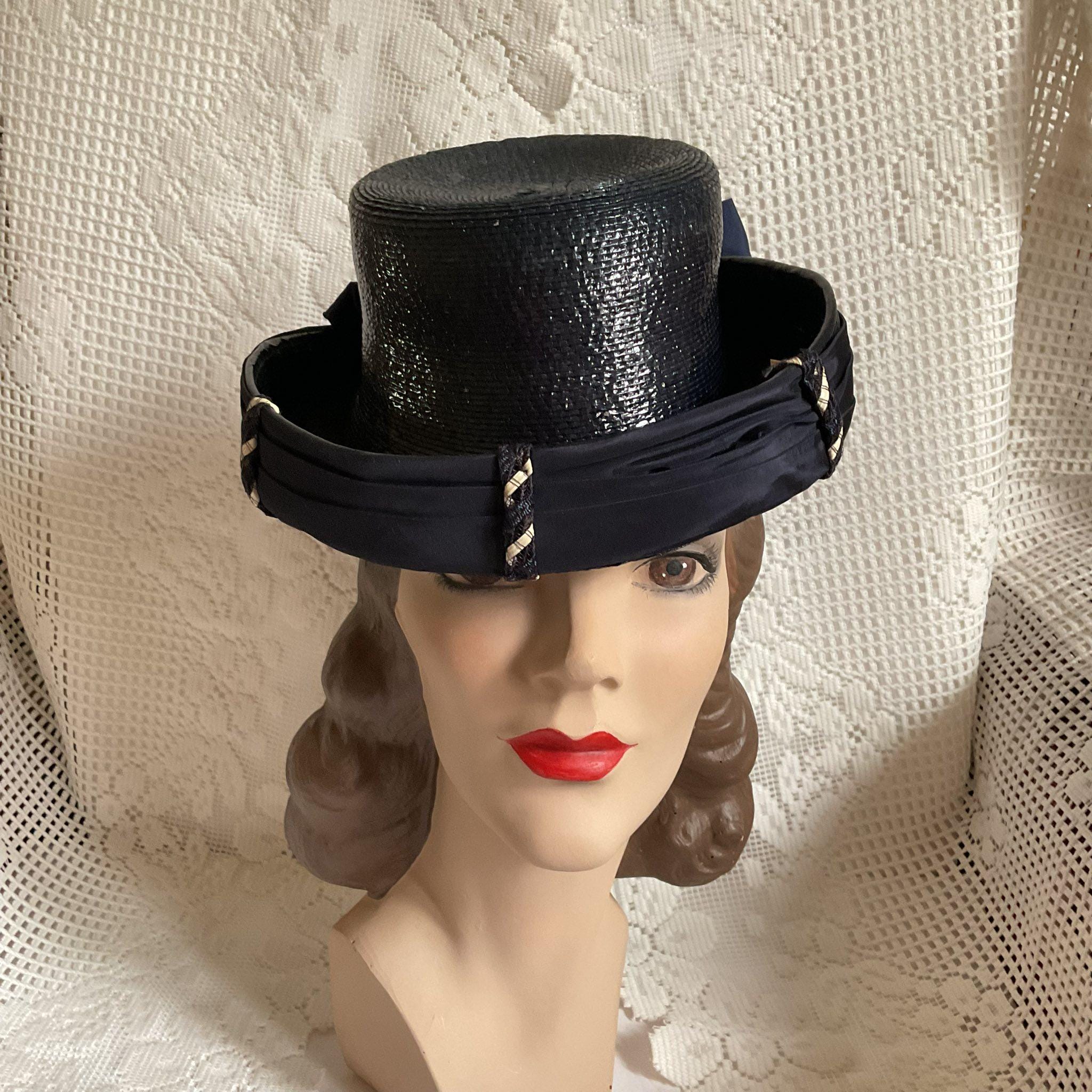 Vintage 1930's 1940's Hat Dark Blue Straw Tilt Art Deco Style Hat