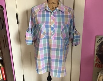 Vintage 1990's Blouse *Lady O* Polyester And Cotton Plaid Plus Size