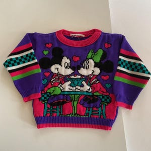 Suéter vintage de los años 80, talla NIÑO o NIÑA, tema de ratones de dibujos animados, morado, rosa brillante, verde aguamarina, sin etiqueta, regalo