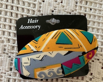 Vintage 1980's Hair Clip Barrette Oval Fabric Design Deadstock On Original Display Card