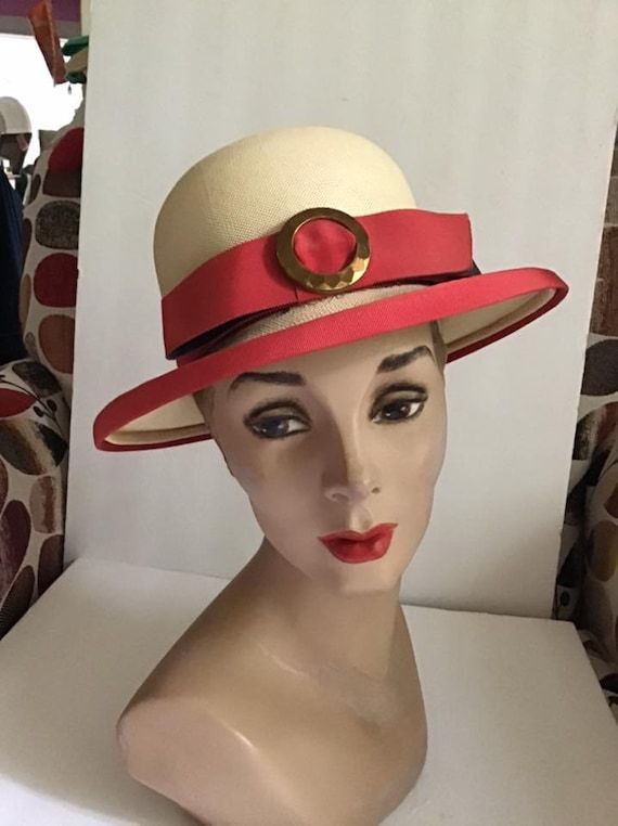 Vintage 1950's 1960's Hat Cream Straw Light Red Ri