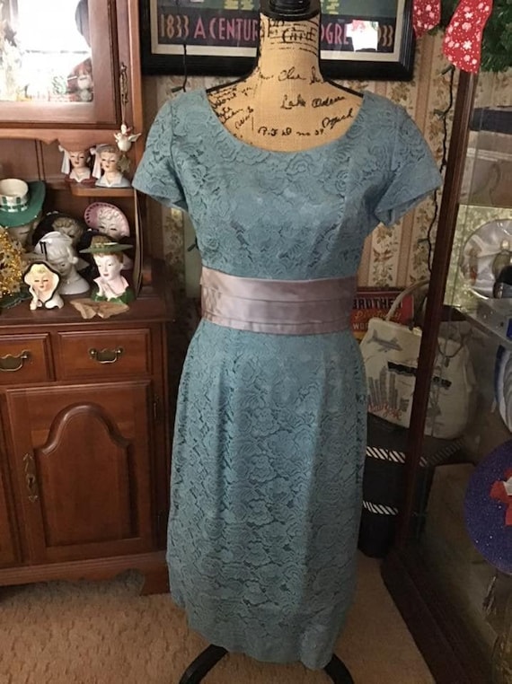 Vintage 1950's 1960's Dress Light Blue Satin With 