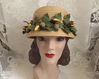 Vintage 1950's Hat Blonde Straw Hat With Flower Floral Buds