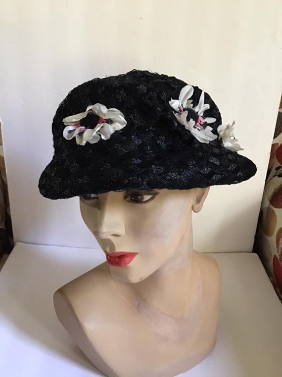 Vintage 1950's 1960's Hat Black Cellophane Straw … - image 9