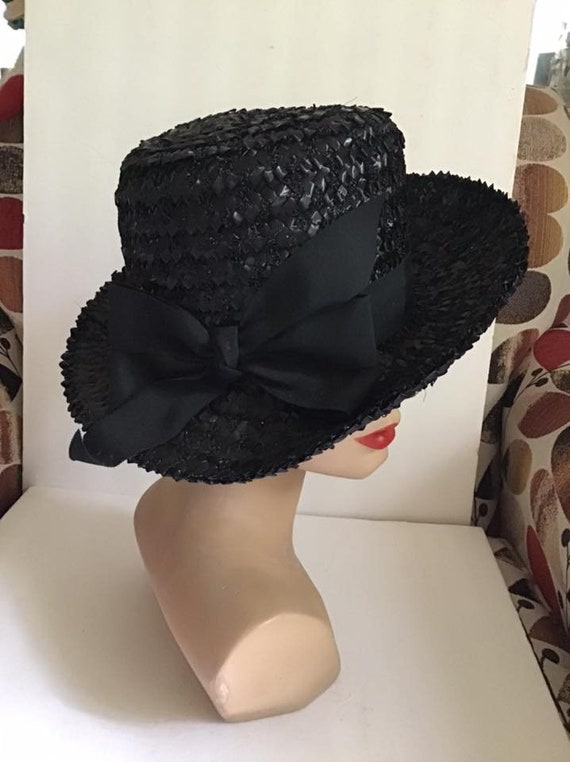 Vintage 1950's 1960's Hat Dark Black Cellophane S… - image 4