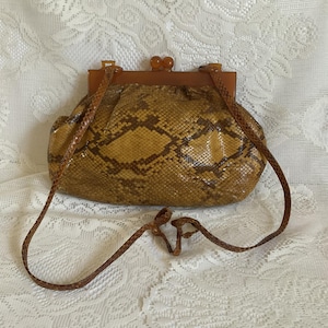 Puede incluir: Un bolso de mano de piel de serpiente marrón con una correa de cuero marrón y un cierre de plástico transparente con detalles marrones.