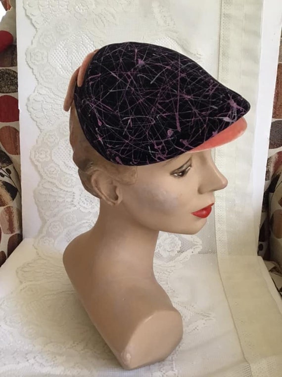 Vintage 1950's Hat Black Velvet Hat With Off Whit… - image 2