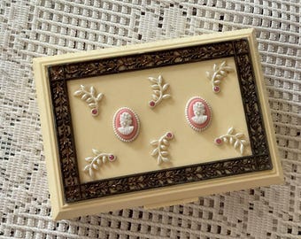 Vintage 1950's Jewelry Box Small Mini Size Plastic Adorned With Cameos Pink Rhinestones