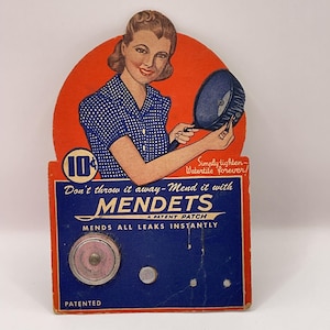 Papel de recuerdo coleccionable de los años 30 y 40 *MENDETS*, efímeras, grandes gráficos, UNA tarjeta de exhibición con los Mendets restantes