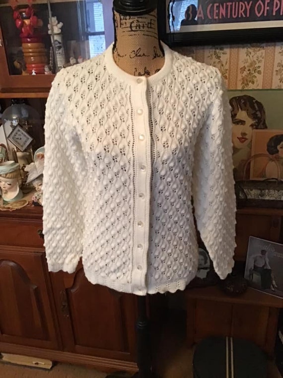 Vintage 1960's Sweater Button Down Cardigan White 