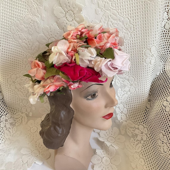 Vintage headpiece flowers hat Vintage Floral Cloche Hat, Vintage Hat, 1950s-1960s Hat, Mod  main image 2