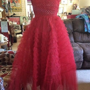 Vintage 1950s Dress TRUE RED Tulle Satin Silver Color Glitter Cupcake Style Prom Graduation Valentines Day Wedding image 3