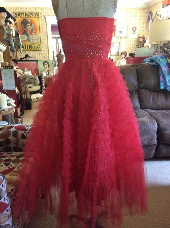 Vintage 1950s Dress TRUE RED Tulle Satin Silver C… - image 3