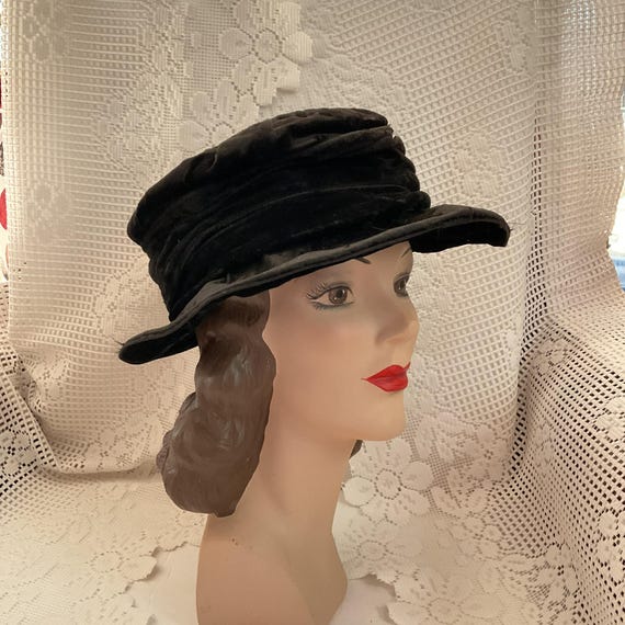 Edwardian Hat Black Velvet-like Fabric Brimmed Ladies Hat *L  display picture 1
