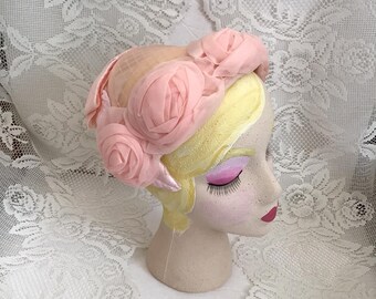 Vintage 1950's 1960's Hat Pink Fabric Floral Flowers Pink Velvet Bow