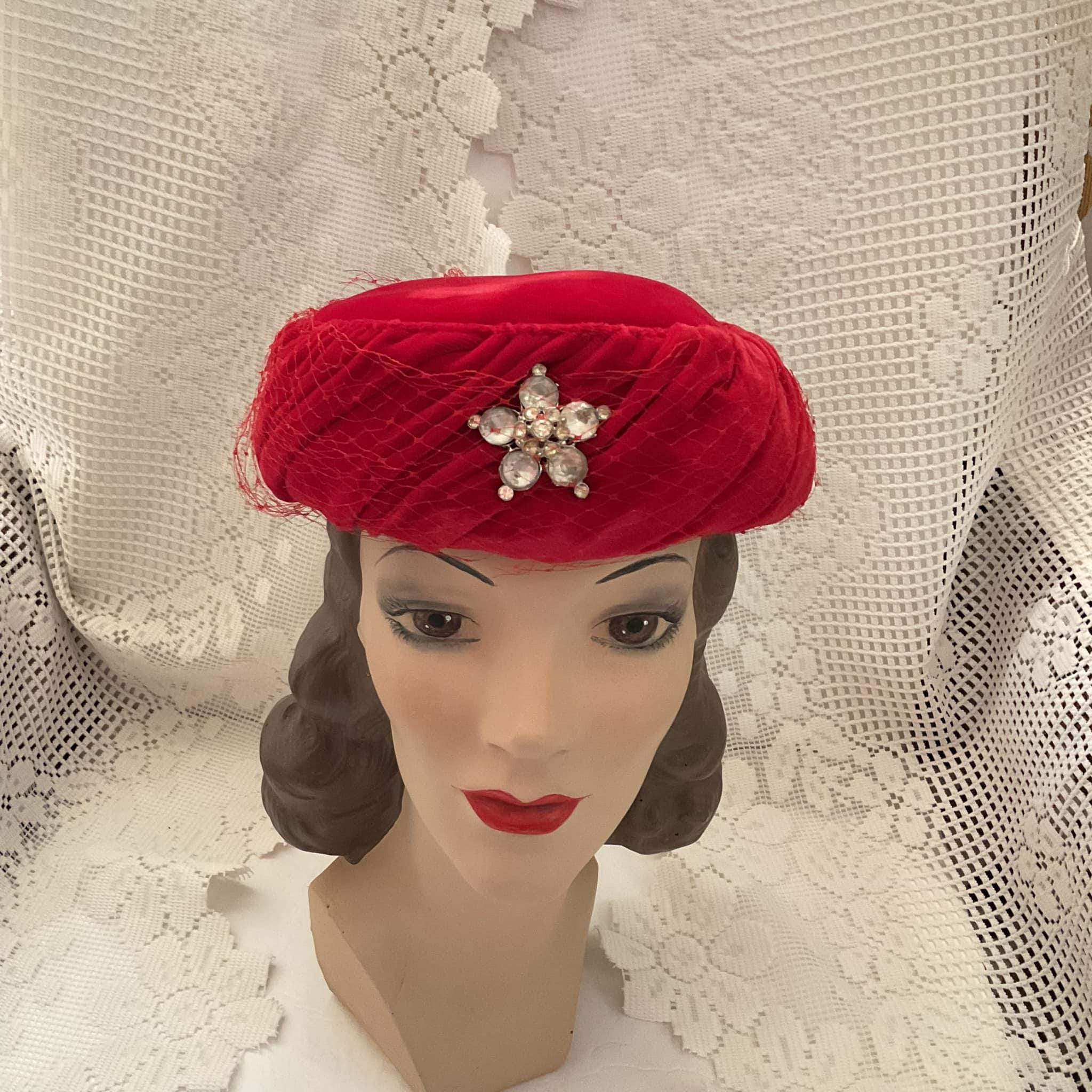 Vintage red velvet hat Vintage Dark Red Velvet Hat Toque with Safety Pin 1960s, 21  main image 3