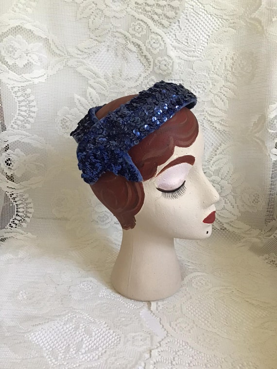 Vintage 1950's Hat Blue Sequins And Velvet No Mak… - image 2