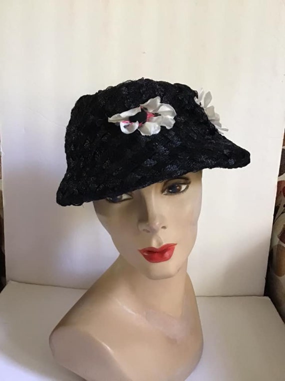 Vintage 1950's 1960's Hat Black Cellophane Straw … - image 4