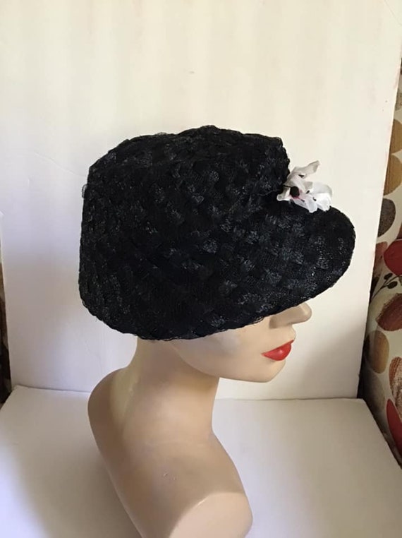 Vintage 1950's 1960's Hat Black Cellophane Straw … - image 5