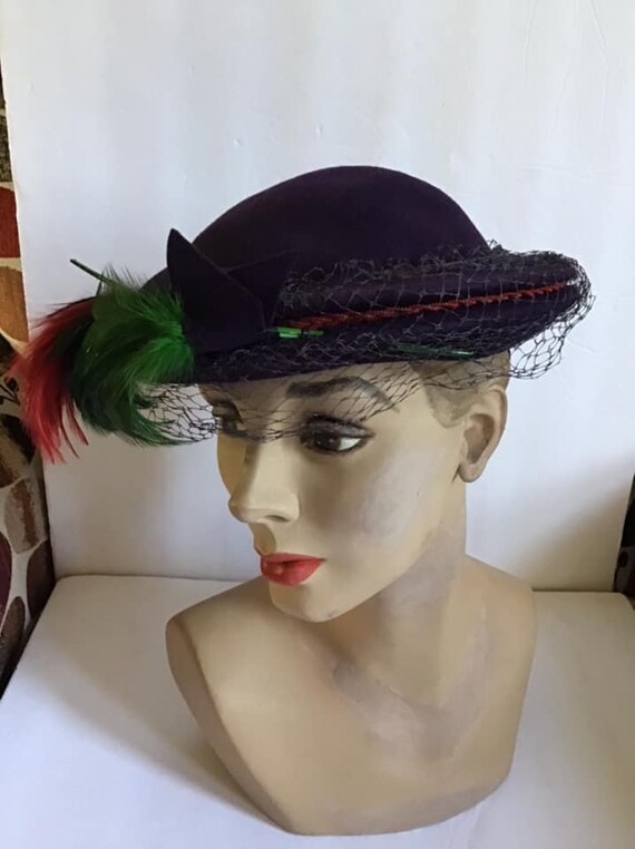 Vintage 1940's 1950's Hat Deep Rich Purple Wool W… - image 8