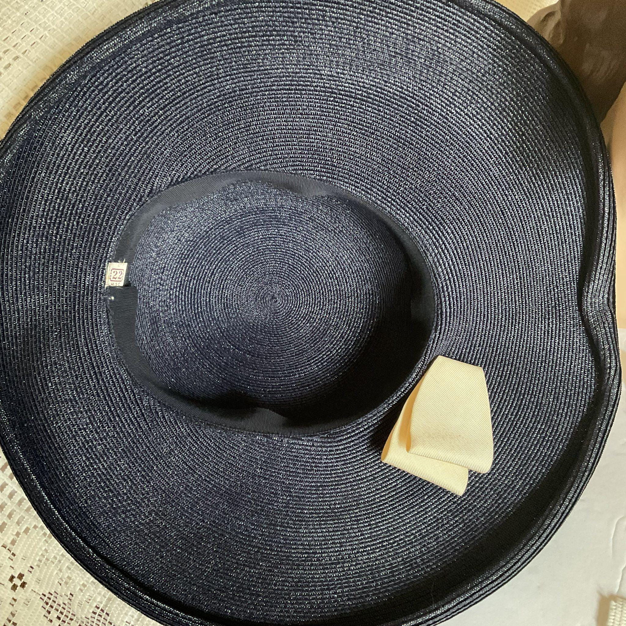 Vintage 1940s 1950s Hat, Blue Straw with Grosgrain Ribbon Trim, Union Made Cartw 40s/50s Navy New Look Cartwheel Hat | Straw Platter Hat  main image 2