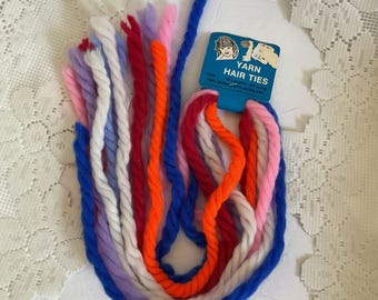 Vintage 1960's Hair Ties Set Of 7 Yarn Ties Deadstock On Original Display Card Various Colors