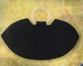 vintage années 1940 Sac à main Noir Non marqué Corde' Sac Demi-Lune Forme Avec Poignées Rondes Prystal/Lucite VENDU TEL QUEL !!