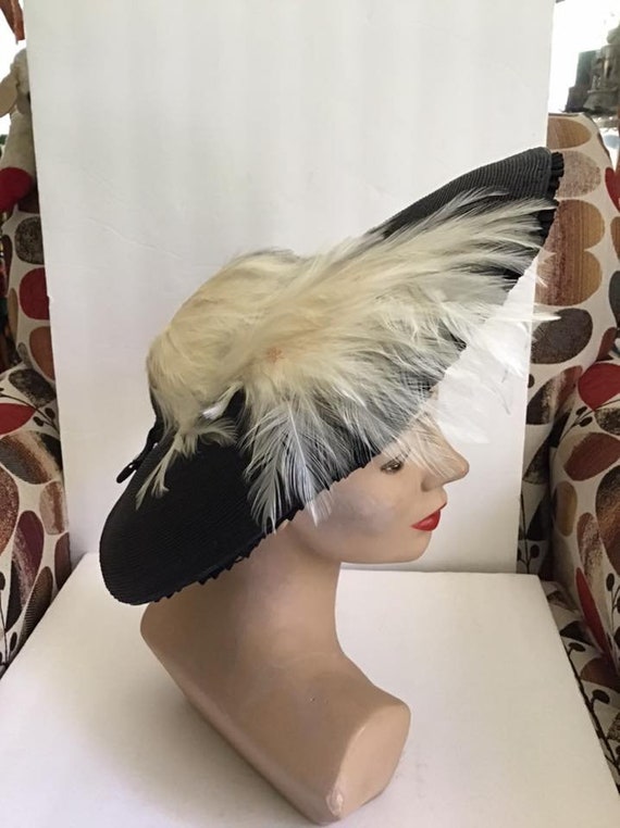 Vintage 1940's Hat Black Straw Halo Style With Off
