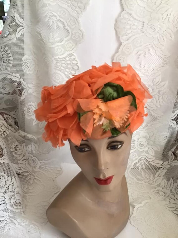 Vintage 1960's Hat Orange Flower Petal Hat With A 