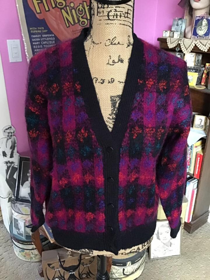 Vintage 1980's Cardigan Sweater Button Down Black/dark