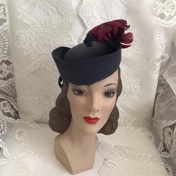 Vintage 1940's Hat Steele Blue Gray Felt Art Deco… - image 1